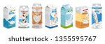 Milk boxes set Vector realistic. Collection of regular milk, oats, soy, rice and almond milk. Realistic 3d illustration sets