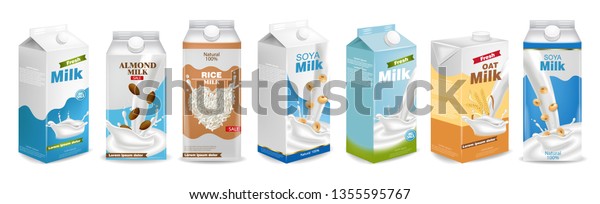 Milk\
boxes set Vector realistic. Collection of regular milk, oats, soy,\
rice and almond milk. Realistic 3d illustration\
sets