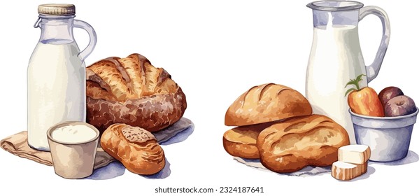 Milk and bread clipart, isolated vector illustration.