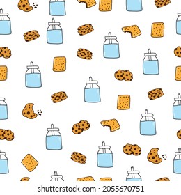 Milk Break Treat: Capture the essence of a relaxing break with this illustration of a milk bottle, straw, and chocolate cookies on a clean white background. Perfect for conveying moments of enjoyment.