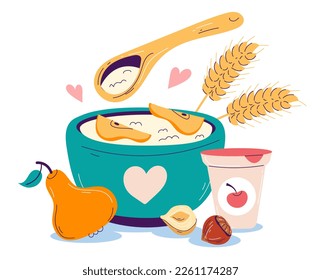 Milk breakfast cereal porridge morning bowl corn healthy food concept. Vector graphic design illustration
