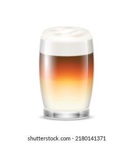 Milk brown coffee in transparent glass cup. Fresh hot beverage in mug isolated on white background. Coffee with milk and cream drink for morning, breakfast element. 3d vector illustration