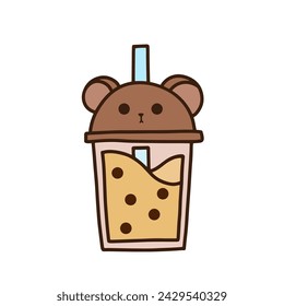 Milk Bubble Tea. Doodle drawing vector. A glass with cute bear head