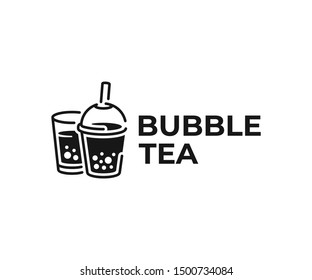 Milk bubble tea drink logo design. Beverage with tapioca balls vector design. Fruit drink and tapioca pearls logotype