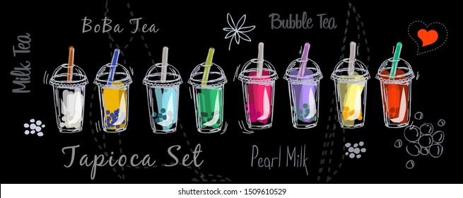 Milk bubble tea drink set vector illustration