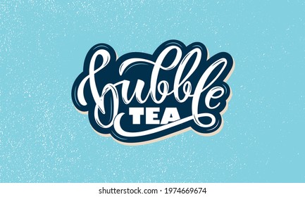 Milk bubble tea logo design. Taiwanese popular drink with tapioca balls, handwritten text on blue textured background. Modern brush ink calligraphy. Vector illustration for sticker, logo, banner, card