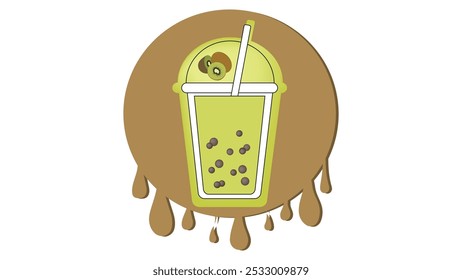 Logotipo del té de la burbuja de la leche con el sabor del kiwi en el fondo de salpicaduras, bebida fría dulce con las bolas de la perla de la tapioca, comida callejera asiática de Taiwán, bebida del boba en la taza colorida con las bolas flotantes