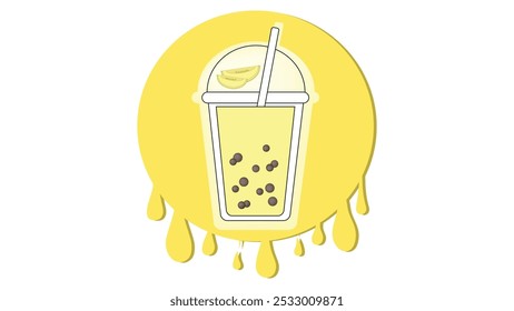 Logotipo del té de la burbuja de la leche con el sabor del melón en el fondo de salpicaduras, bebida fría dulce con las bolas de la perla de la tapioca, comida callejera asiática de Taiwán, bebida del boba en taza colorida con las bolas flotantes