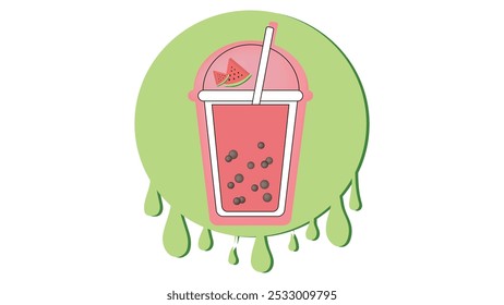 Milk bubble tea logo with watermelon flavor on background of splashes, sweet cold drink with tapioca pearl balls, Asian street food from Taiwan, boba beverage in cup with floating balls