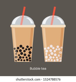 Milk bubble tea vector drink tapioca cup. Boba bubble tea pearl taiwan thai drink tapioca.