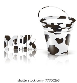 milk bucket with cow skin and text "Milk" with the same pattern