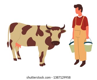 Milk buckets farmer and cow farming and livestock animal or cattle vector isolated male character domestic mammal with horns and hoofs breeding agriculture meat and dairy products organic food ranch