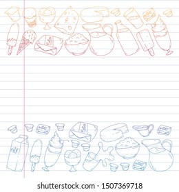 Milk, butter, cottage cheese, sour cream, cheese, yogurt, ice cream, cream. Vector pattern. Collection of dairy products.