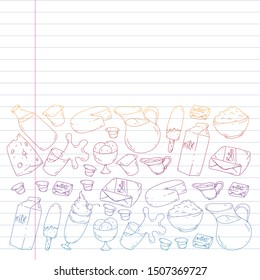 Milk, butter, cottage cheese, sour cream, cheese, yogurt, ice cream, cream. Vector pattern. Collection of dairy products.