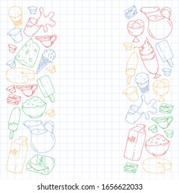 Milk, butter, cottage cheese, sour cream, cheese, yogurt, ice cream, cream. Vector pattern. Collection of dairy products.