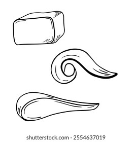 Milk butter curl and piece of butter black white vector illustration isolated. Butter various shapes, stroke of jam hand drawn outline sketch. Smear of butter line art for signage, label, packaging.