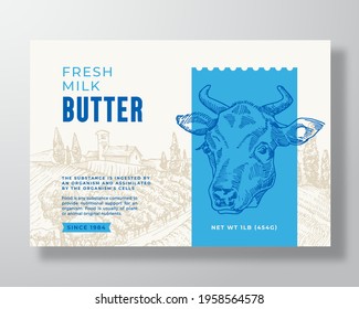 Milk Butter Dairy Food Label Template. Abstract Vector Packaging Design Layout. Modern Typography Banner with Hand Drawn Cow Face and Rural Landscape Background. Isolated.