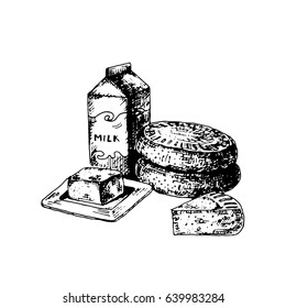 Milk and butter. The head of cheese and a cut piece. Farm products. Vector illustration of a sketch. Hand-drawn.