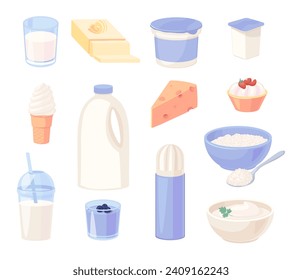 Milk, butter, ice cream and other dairy products. Set of fermented milk products: sour cream, cottage cheese and yogurt