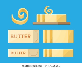 Milk butter spread in package. Creamy butter or margarine in curl, bar, slice, on wooden board. Dairy milk product. Organic healthy product. Vector illustration in flat style