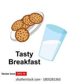 Milk and cake glass concept. Healthy breakfast vector illustration with text.