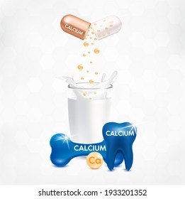 Milk and Calcium. Glossy drop pill capsule Mineral and vitamin complex. Dietary supplement bone, Medical or healthcare concept.