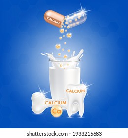 Milk and Calcium. Glossy drop pill capsule Mineral and vitamin complex. Dietary supplement bone, Medical or healthcare concept.