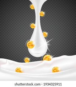 Milk and Calcium. Glossy drop pill capsule Mineral and vitamin complex. Dietary supplement bone, Medical or healthcare concept.