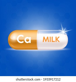 Milk And Calcium. Pill Capsule Mineral And Vitamin Complex. Dietary Supplement Bone, Medical Or Healthcare Concept. Vector EPS10