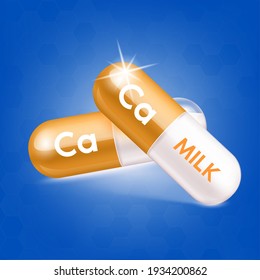 Milk and Calcium. Pill capsule Mineral and vitamin complex. Dietary supplement bone, Medical or healthcare concept. Vector EPS10