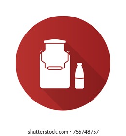 Milk can and bottle flat design long shadow glyph icon. Dairy farm. Vector silhouette illustration