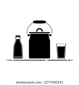 A milk can and a bottle of milk with a glass.