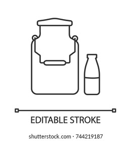 Milk can and bottle linear icon. Dairy farm. Thin line illustration. Contour symbol. Vector isolated outline drawing. Editable stroke