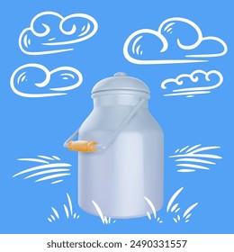 Milk can container in realistic 3d style with hand drawn doodle rural landscape. Minimalistic modern collage. Vector illustration.