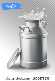 Milk Can Container And Splash. 3d Vector Element For Package Design.