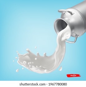 Milk can container and milk splash on blue background. 3d vector realistic elements for milk package design.