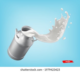 Milk can container and milk splash on blue background. 3d vector realistic elements for milk package design.