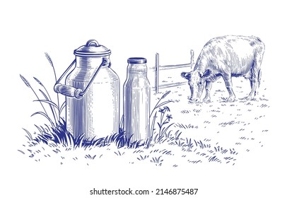 leche en una lata y en un dibujo de la mano de vaca estilo de ilustración de grabado