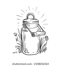 Milk Can In The Grass. Vector Linear Illustration.