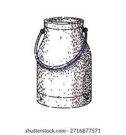 Ilustración de lata de leche con un estilo rústico grabado, con un recipiente de metal con un mango, que evoca la vida agrícola tradicional y productos lácteos frescos