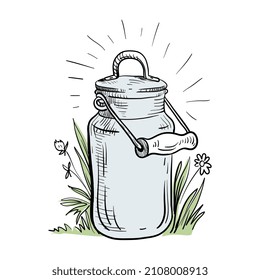 Milk Can Linear Freehand Drawing. Vector Illustration.