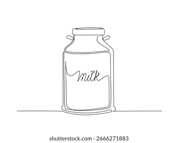 Milk pode esboçar ilustração. Desenho de arte de linha contínua de lata de leite da fazenda. Traçado editável.