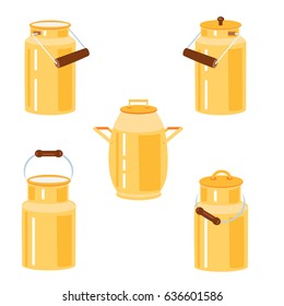 Milk can set cartoon vector illustration of farm daily fresh milk isolated on white background, rustic equipment for beverages, yellow kitchen tableware, decorative pot for design package, advertising
