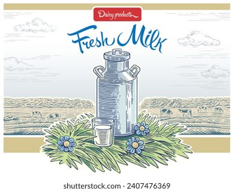 Milk can stands in the grass on an agricultural meadow, against the background of a rural landscape decorated with design elements for use as a design packaging milk products.