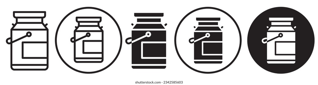 Milk Can symbol Icon. Flat outlined vector set collection of farm cow fresh milk container to transport in metal steel bottle or tank jug packaging. Logo sign mark of milk delivery in rural.