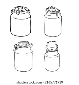 La leche puede ser un esbozo vectorial. Gráfica láctea tradicional dibujada a mano con tarro de metal con leche para dieta, eco y diseños de cosecha saludable