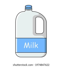 Milk canister with blue label. A gallon of milk. Isolated vector icon illustration on white background. Flat line cartoon style.