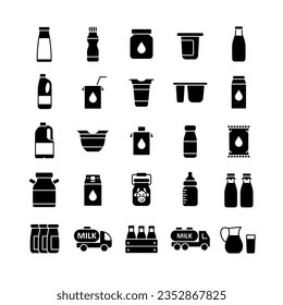 Milk cans and bottles vector glyph icon. Dairy products sign. Graph symbol for cooking web site and apps design, logo, app, UI