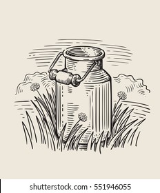 Milk Cans With Grass Country Style Vector Sketch