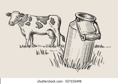 Milk cans with grass country style vector sketch